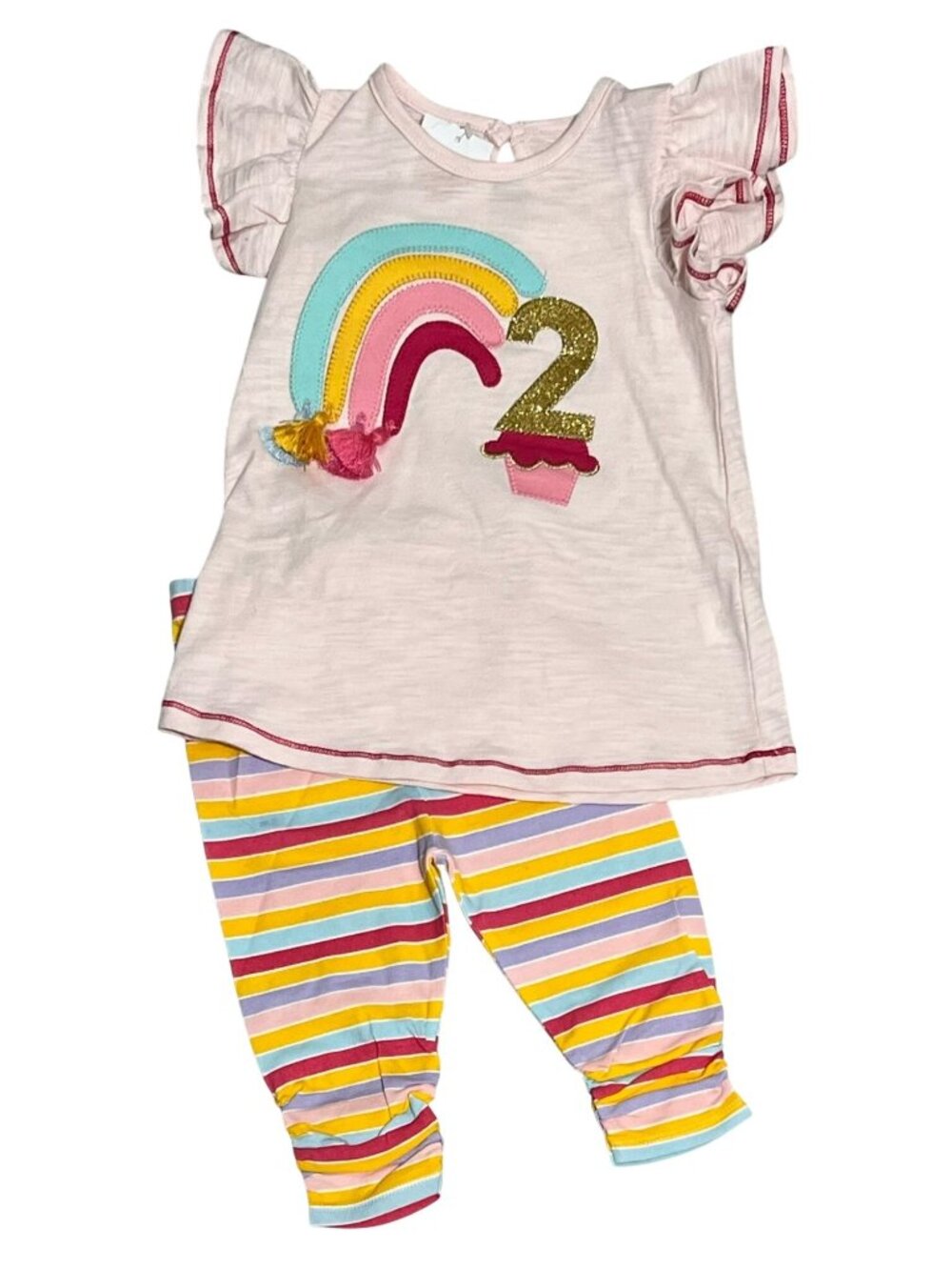 Mud Pie 24m 2T rainbow 2nd Birthday Tunic Stripe Leggings Set applique cake NWT